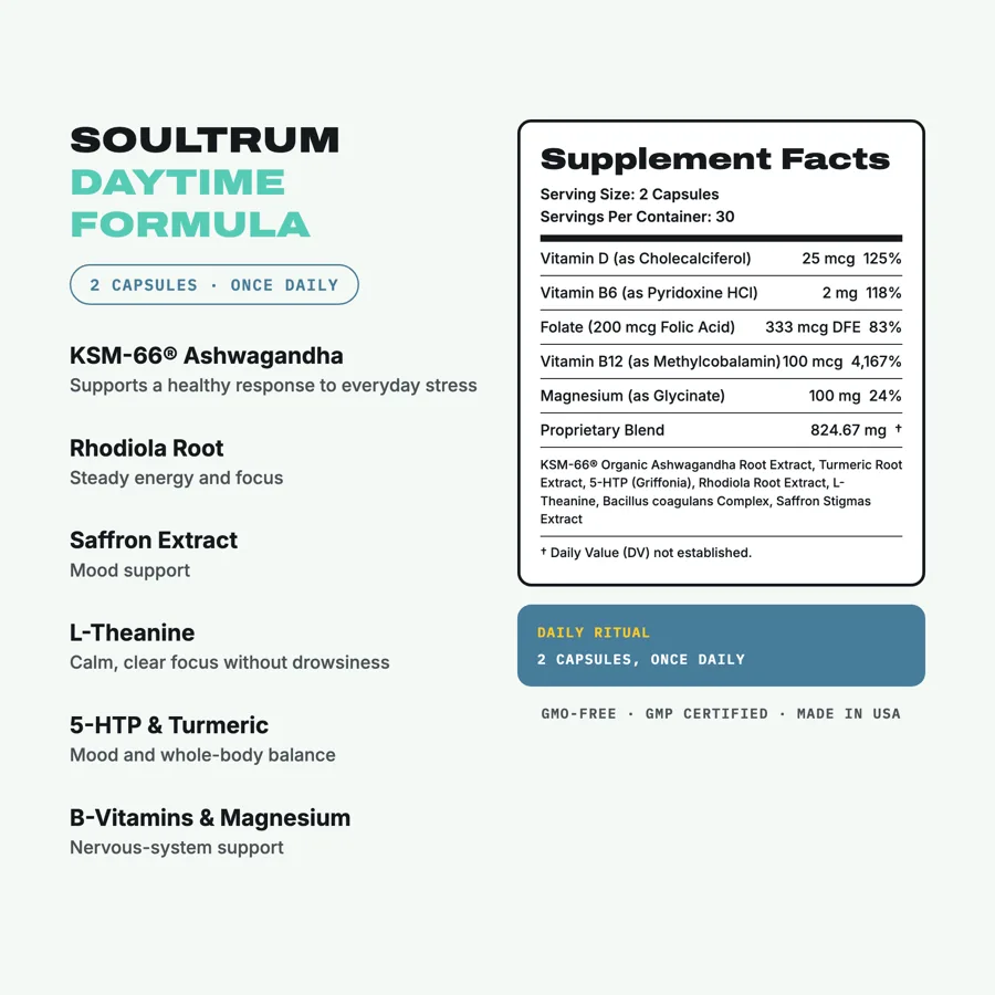 Soultrum daytime formula supplement facts and ingredient list