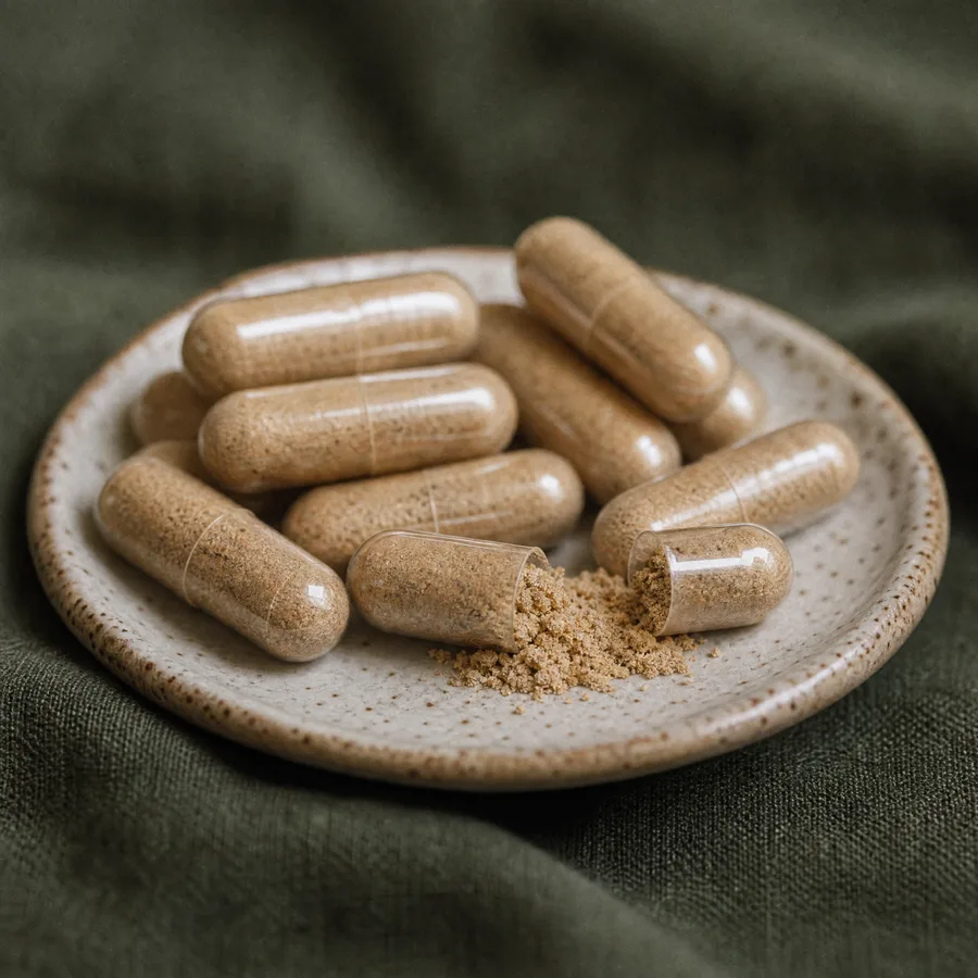 Soultrum clear capsules filled with herbal powder, one pulled open
