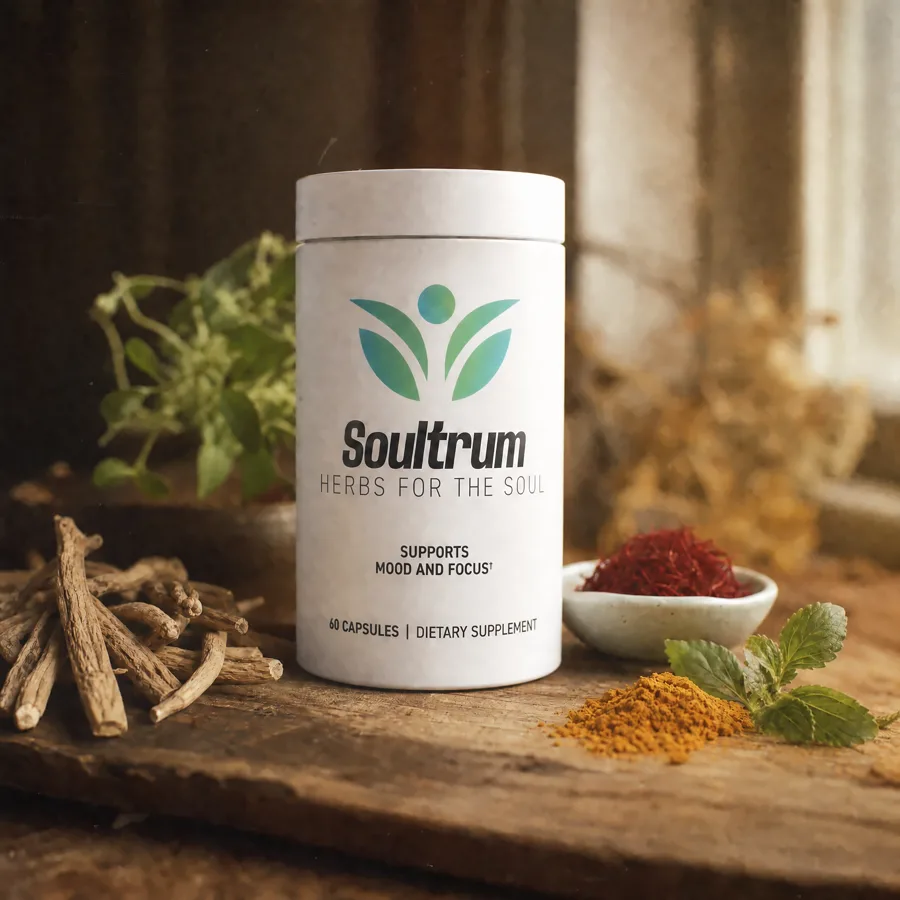 Soultrum bottle surrounded by ashwagandha root, turmeric and saffron