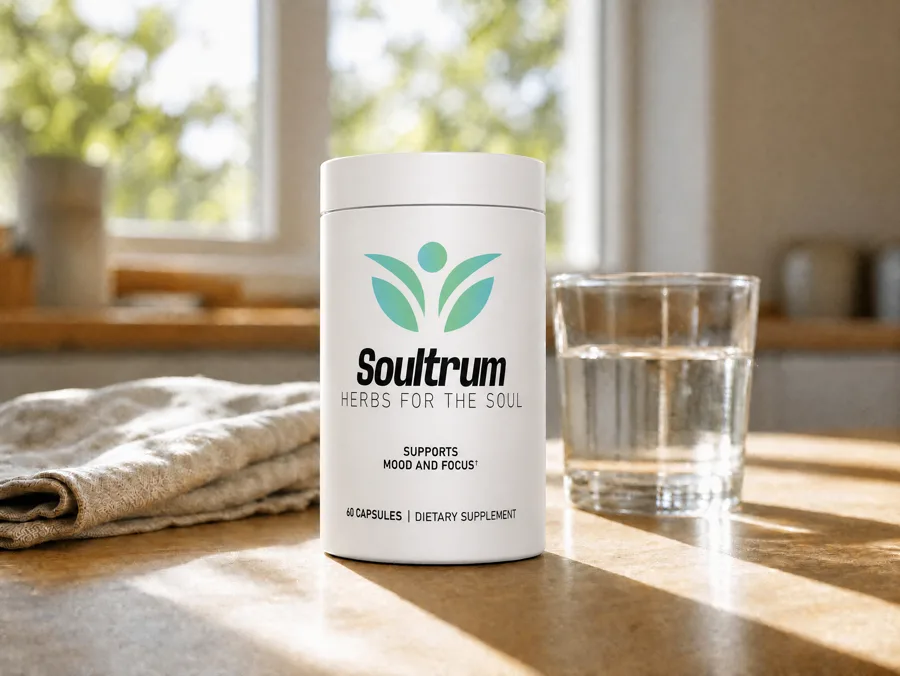 Soultrum bottle on an oak kitchen counter in morning light beside a glass of water