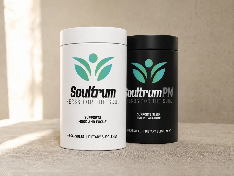 Soultrum daily bottle and Soultrum PM night bottle side by side on linen