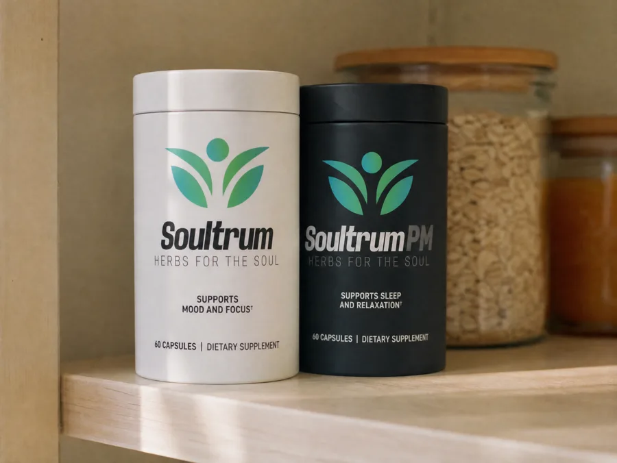 Soultrum and Soultrum PM bottles together on a pantry shelf in morning light