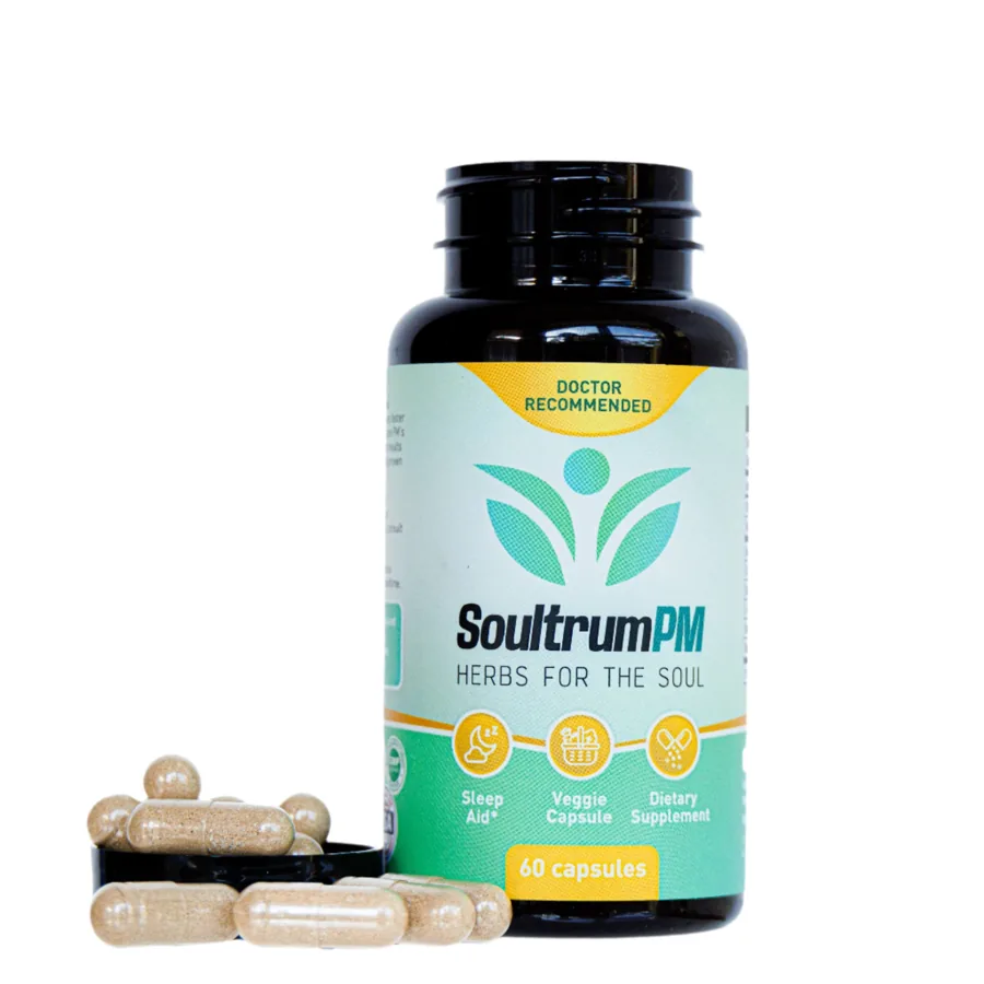 Soultrum PM bottle with capsules beside it
