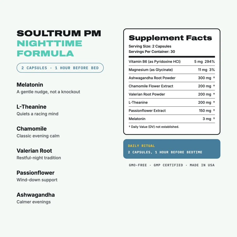 Soultrum PM nighttime formula supplement facts and ingredient list