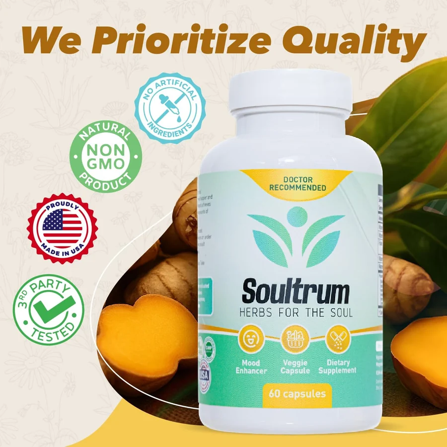 Soultrum bottle beside ginger, citrus and fresh herbs
