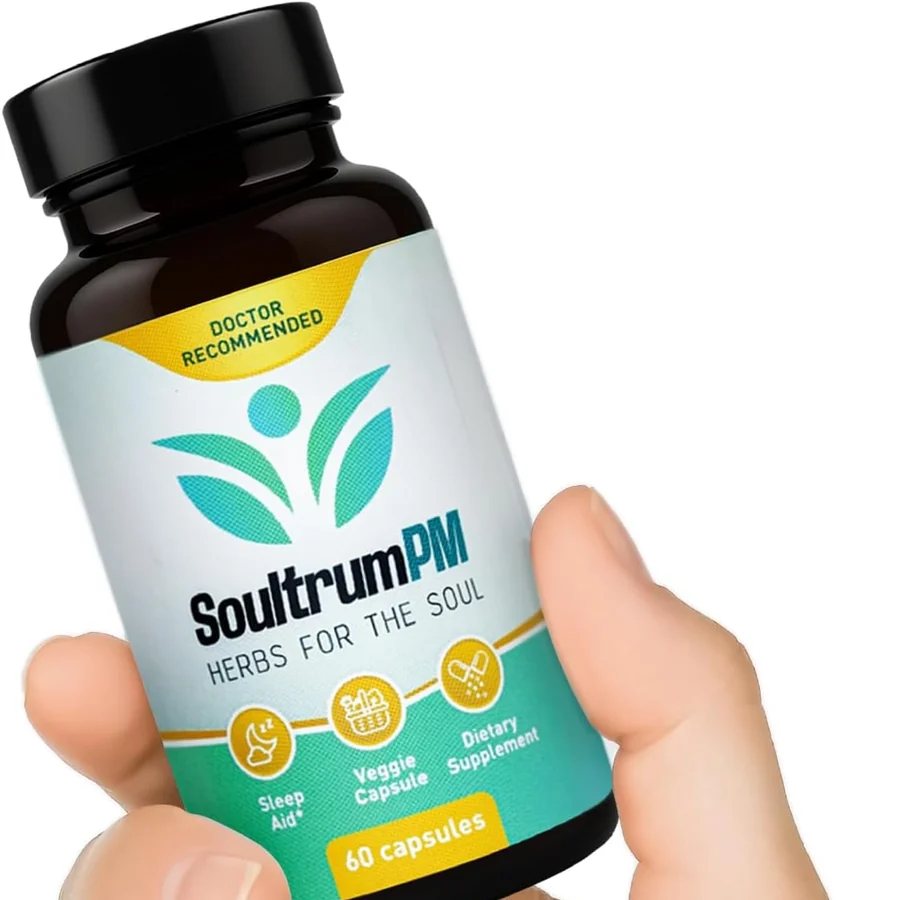 A hand holding the Soultrum PM nighttime sleep support bottle