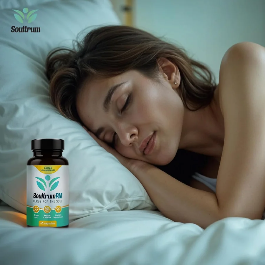 Soultrum PM bottle on a nightstand beside someone sleeping