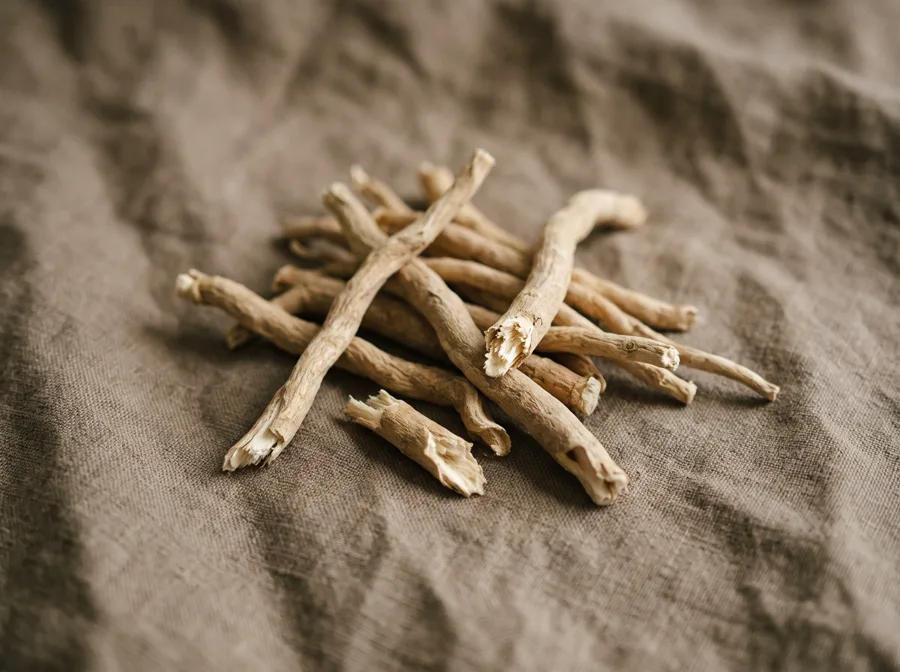 Dried ashwagandha roots on washed linen in soft window light