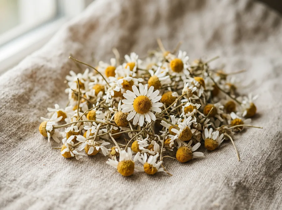 Loose dried chamomile blossoms gathered on linen