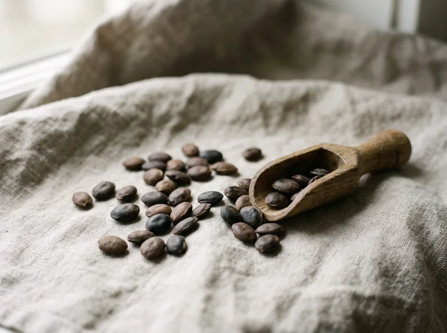 Dried griffonia seeds beside a small wooden scoop