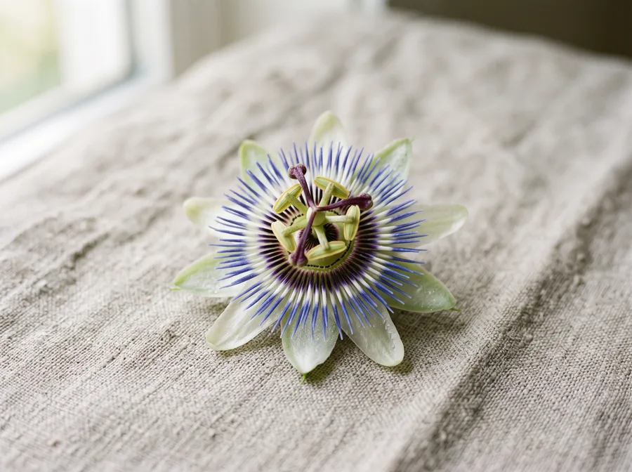 A single fresh passionflower bloom with purple and white filaments