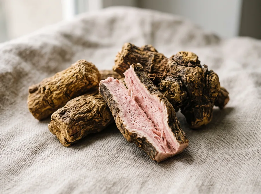 Chunks of dried rhodiola root with golden brown bark