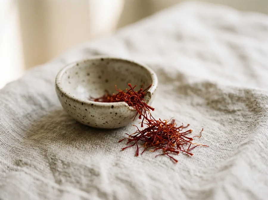 Deep red saffron threads spilling from a small ceramic dish