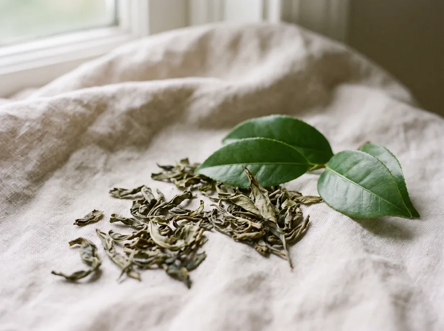 Loose dried green tea leaves with fresh camellia leaves
