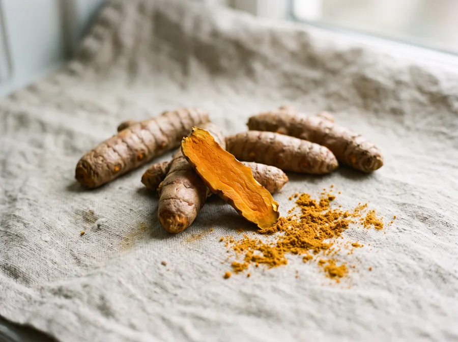 Fresh turmeric fingers, one snapped open to show the orange interior