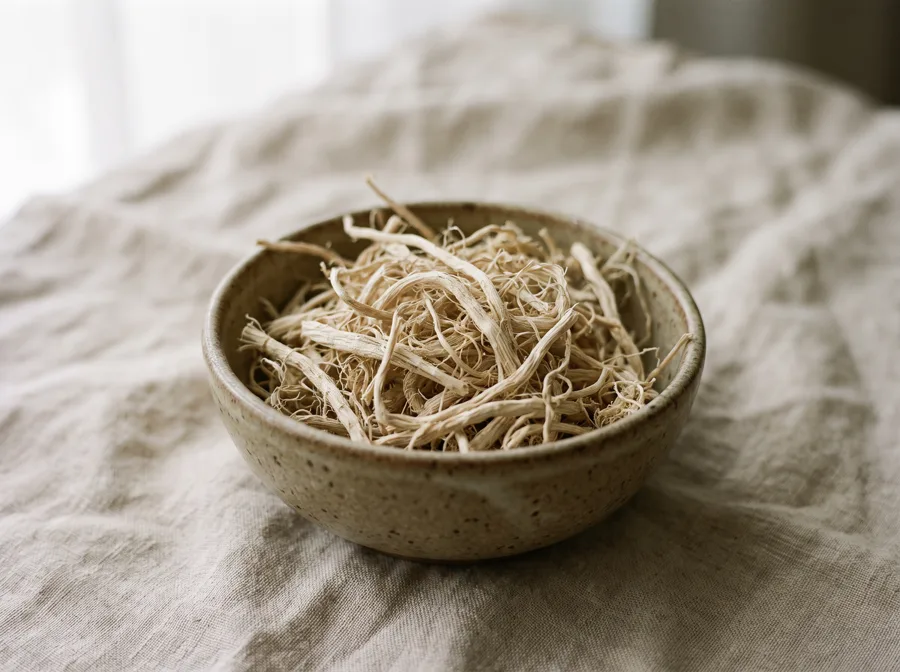 Dried valerian root strands in a small stoneware bowl