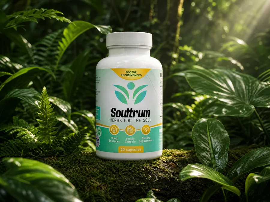 Soultrum bottle on a mossy log surrounded by ferns