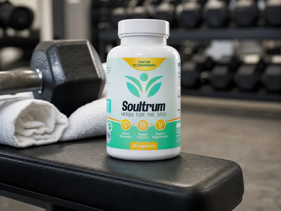 Soultrum bottle on a gym bench beside a dumbbell