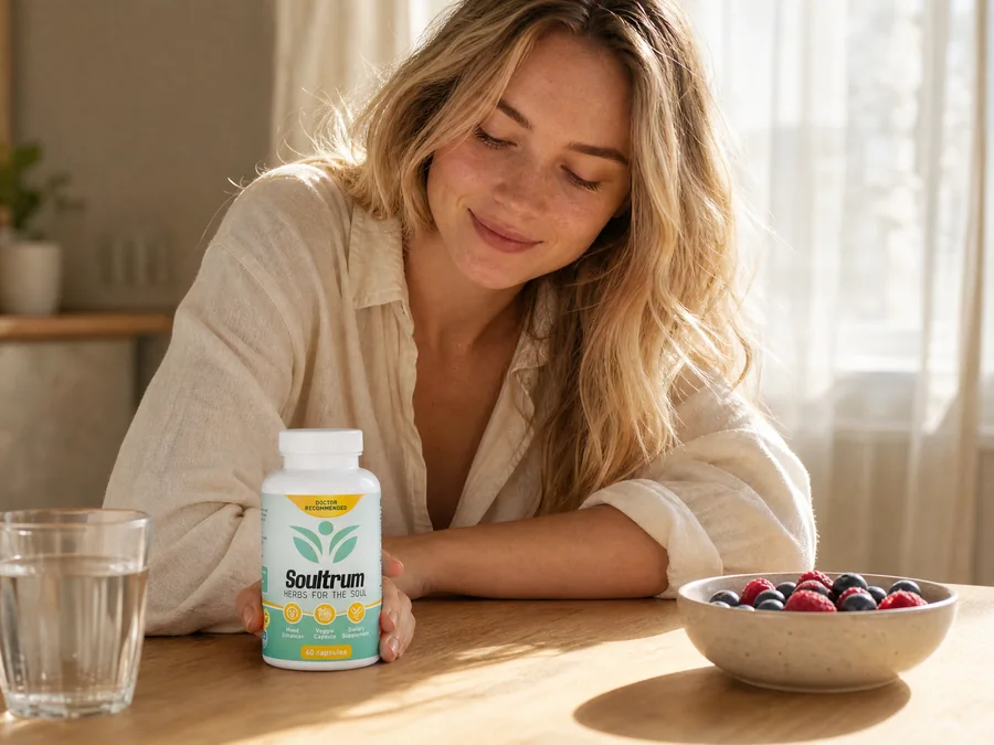 A woman at a kitchen table beside the Soultrum bottle