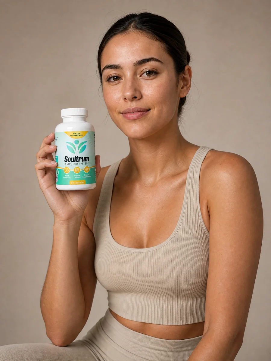 A woman holding the Soultrum daily mood support bottle in a studio