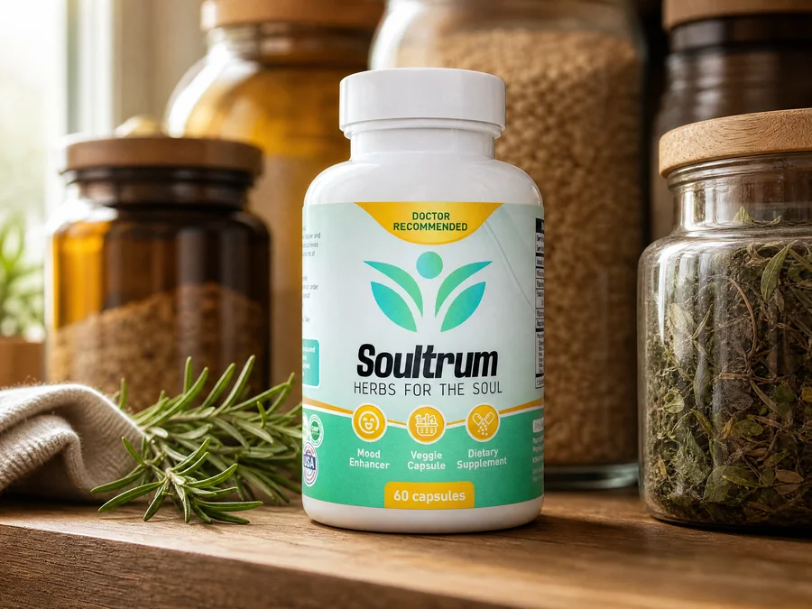 Soultrum bottle on a wooden pantry shelf beside glass jars