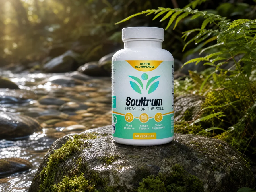 Soultrum bottle on a mossy boulder beside a mountain river